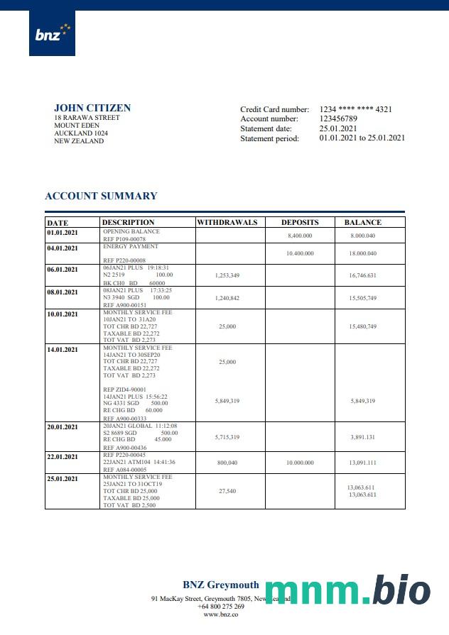 New Zealand BNZ Greymouth bank szablon w formacie excel pdf